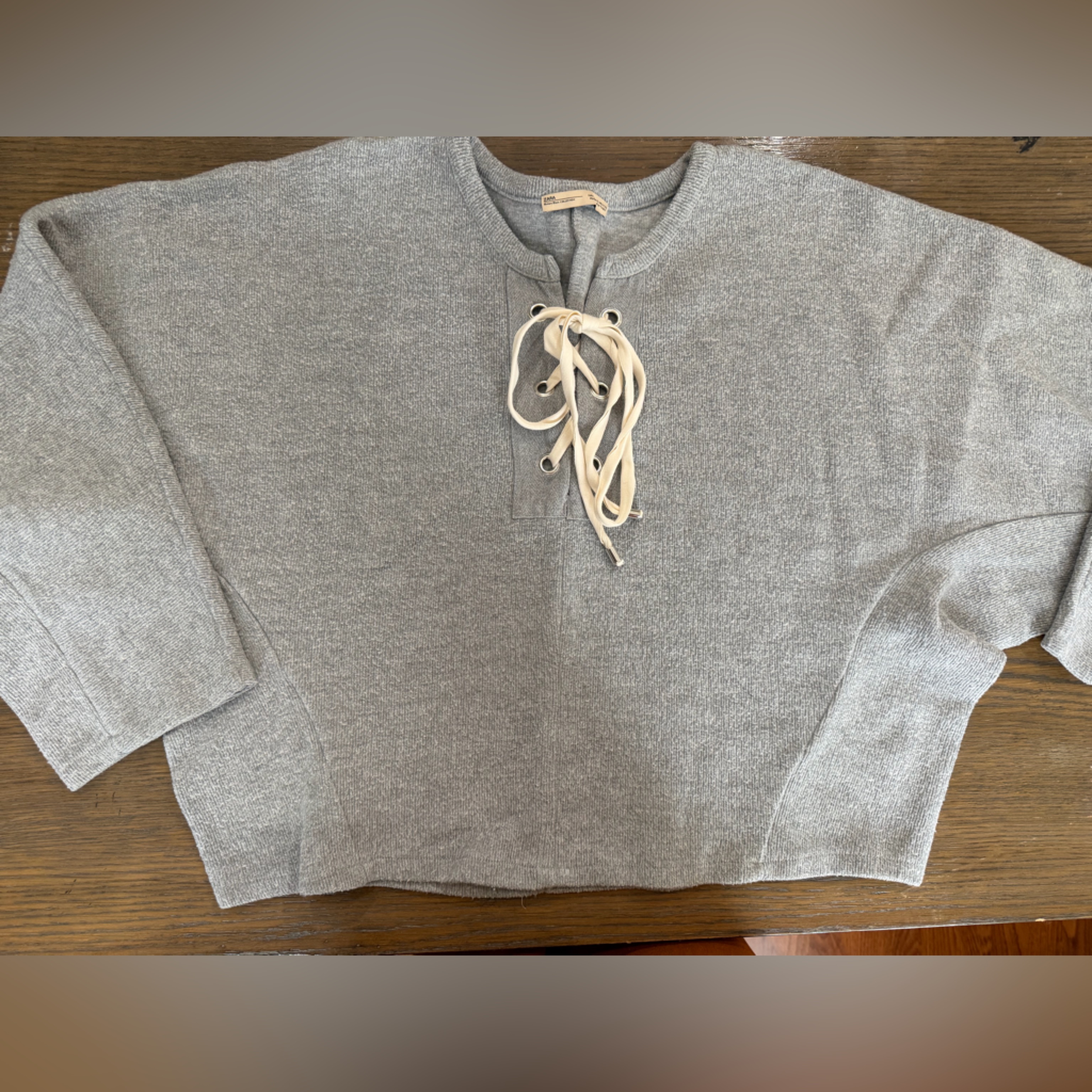 Zara Heather Gray Knit Sweatshirt With Lace-Up Detail &$